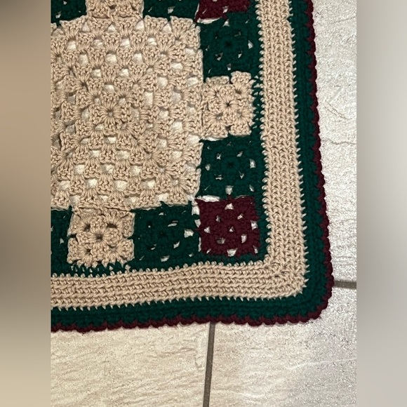 VTG Handmade Afghan Couch Throw Blanket Maroon Green Tan 60” x 65” Crochet - Picture 7 of 8